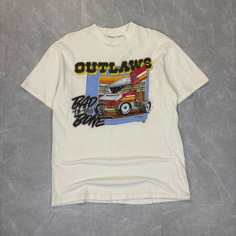 Vintage 1987 Hanes Beefy-T Outlaws Dirt Track Racing Shirt Mens L Bad To Bone